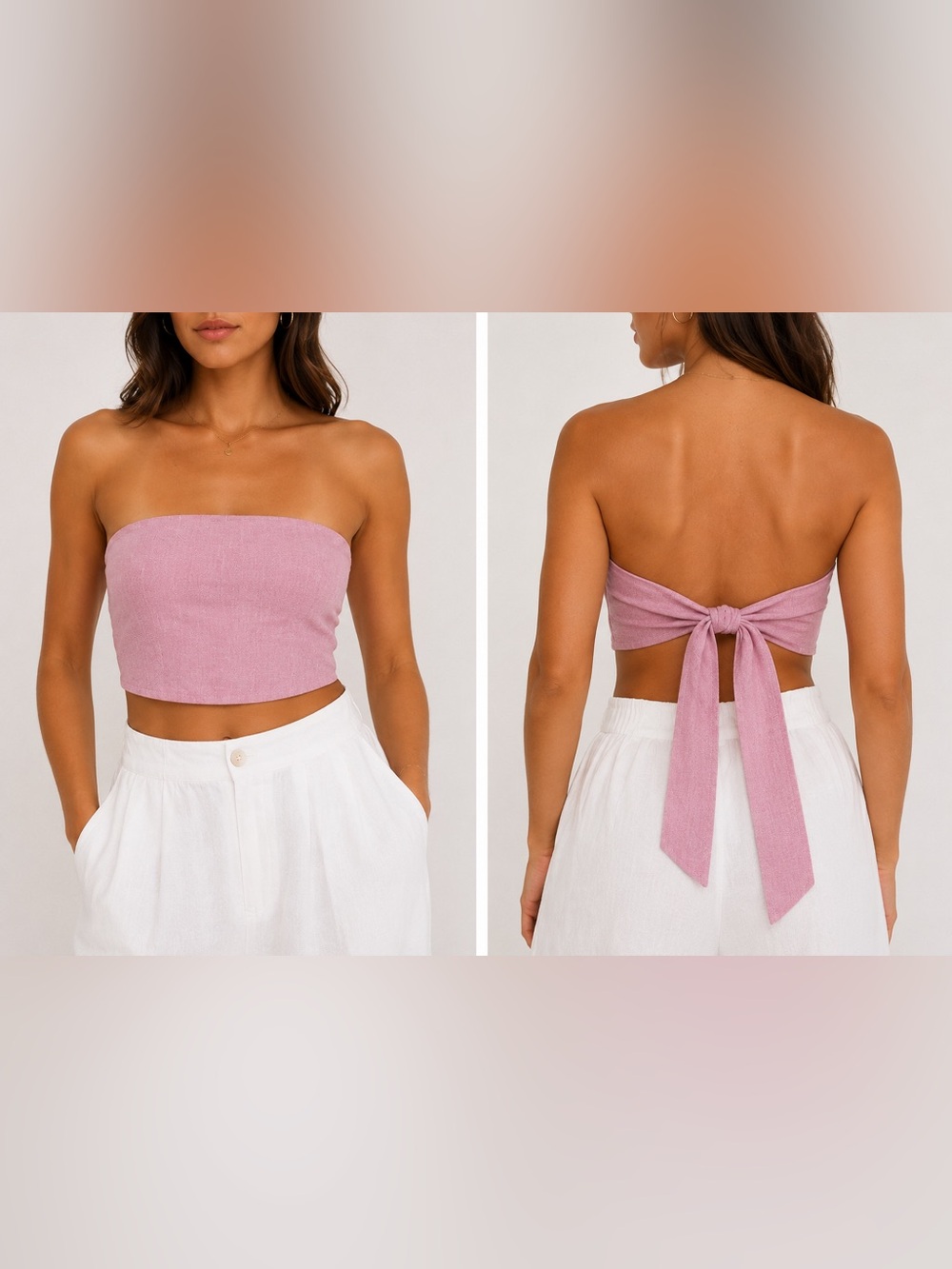 White Fox Pink Linen Blend Back Tie Bandeau Crop Top Medium